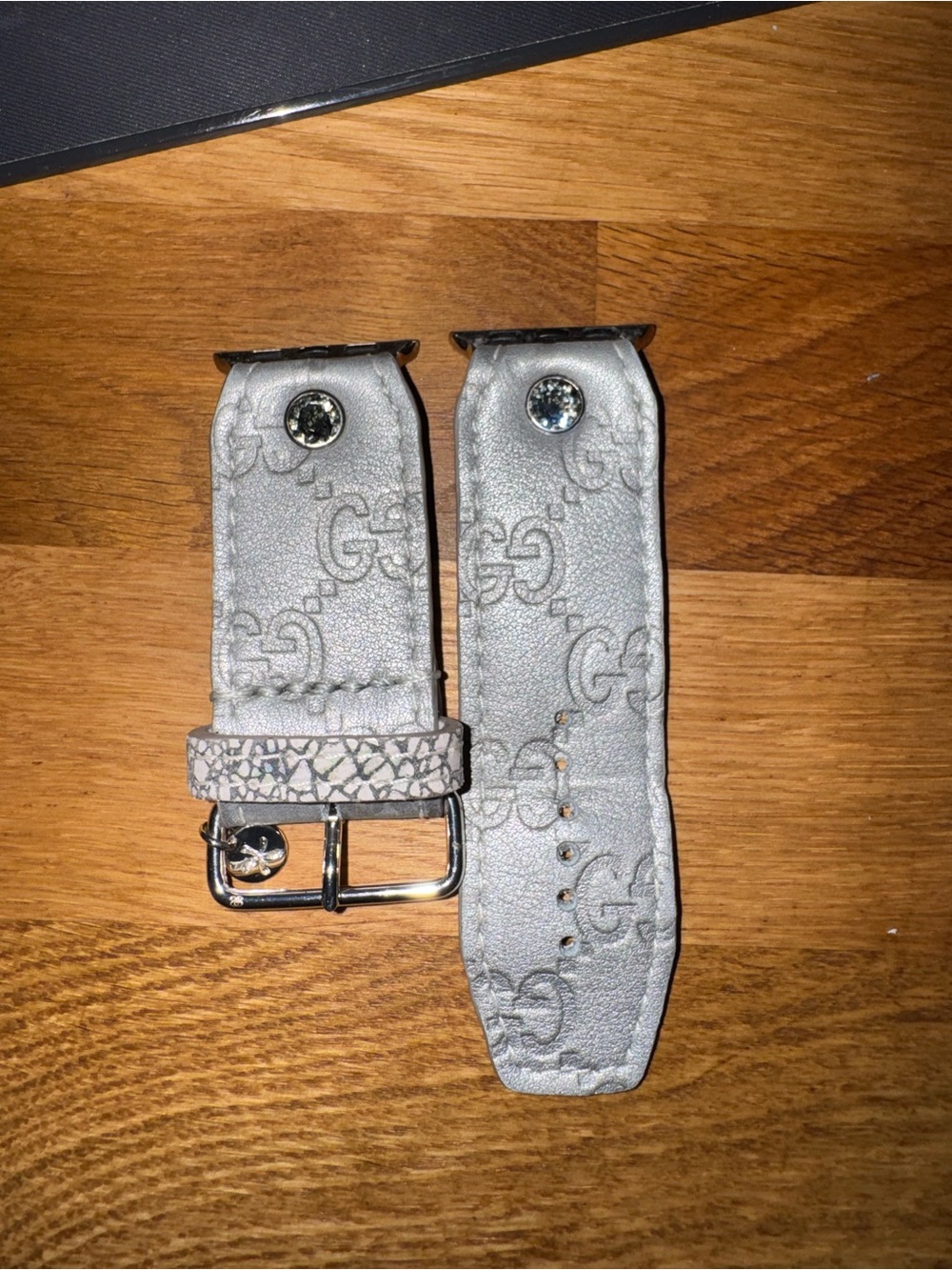 Silver GG Embossed Leather Watch Strap with Crystal Accents